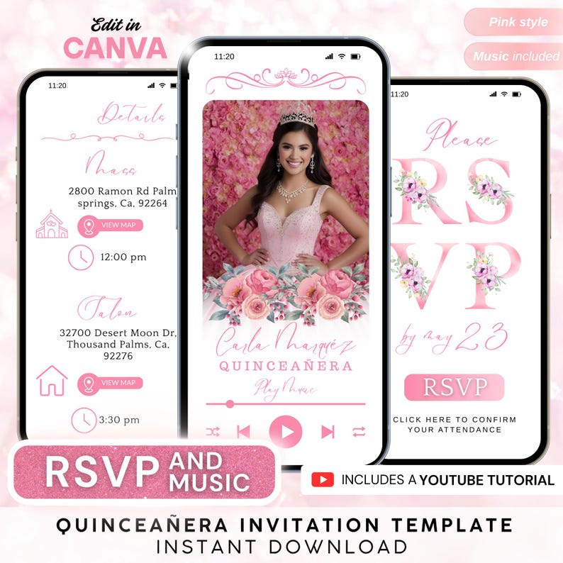 Op de afbeelding: Een Quincea&ntilde;era-uitnodigingssjabloon weergegeven op drie smartphones. De centrale telefoon toont een jonge vrouw in een roze jurk, omringd door bloemstukken. De tekst bevat details, RSVP-informatie en de zin "Direct downloaden."