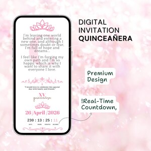 Op de afbeelding: Een digitale quincea&ntilde;era-uitnodiging weergegeven op een smartphone. Het ontwerp bevat een roze tiara en roze tekst, inclusief de datum 26 april 2026 en een afteltimer. De woorden "Digitale Uitnodiging Quincea&ntilde;era" zijn ook zichtbaar.