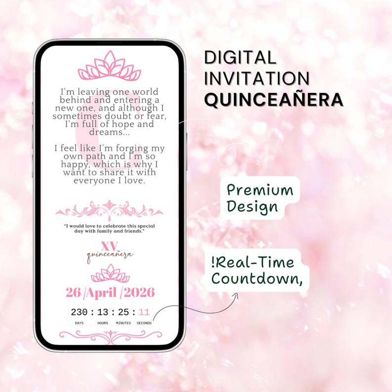 Op de afbeelding: Een digitale quincea&ntilde;era-uitnodiging weergegeven op een smartphone. Het ontwerp bevat een roze tiara en roze tekst, inclusief de datum 26 april 2026 en een afteltimer. De woorden "Digitale Uitnodiging Quincea&ntilde;era" zijn ook zichtbaar.