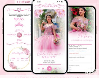Op de afbeelding: Digitale Quinceañera-uitnodiging weergegeven op drie smartphones. De centrale telefoon toont een jonge vrouw in een roze jurk. Tekst bevat "MIS XV" en "Escucha mi canción aquí!". Andere telefoons tonen RSVP- en countdown-details.