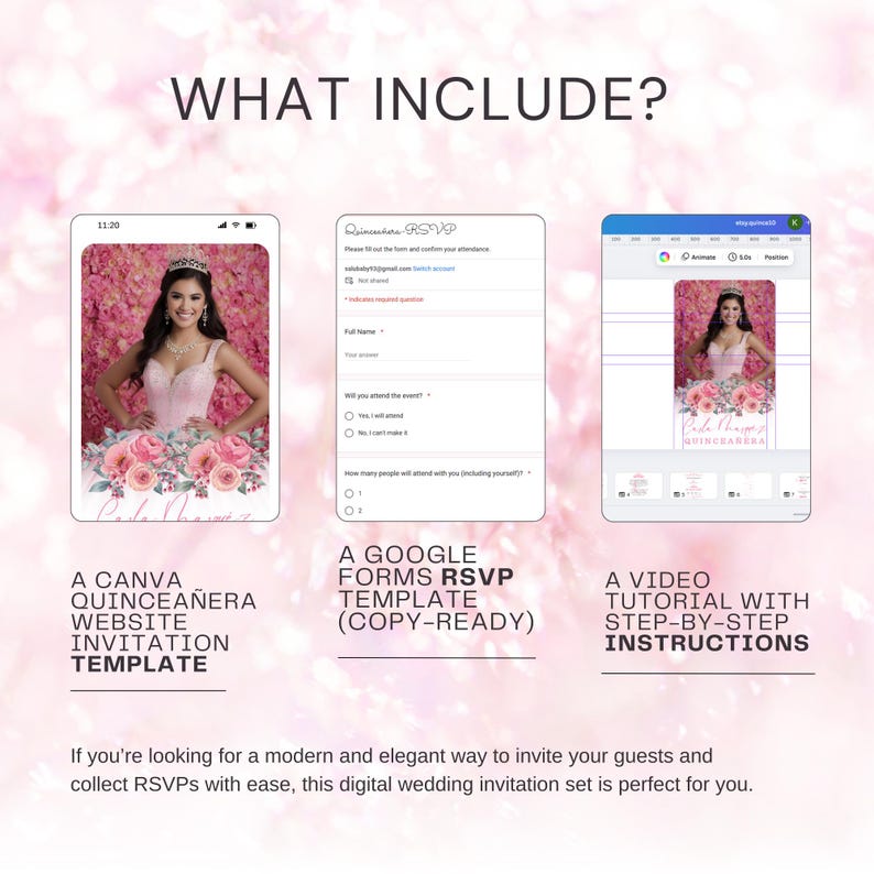 Op de afbeelding: Digitale quincea&ntilde;era-uitnodigingsset, inclusief een Canva-websjabloon, een Google Forms RSVP-sjabloon en een video-tutorial met stapsgewijze instructies. De uitnodiging toont een jonge vrouw in een roze jurk met bloemaccenten.
