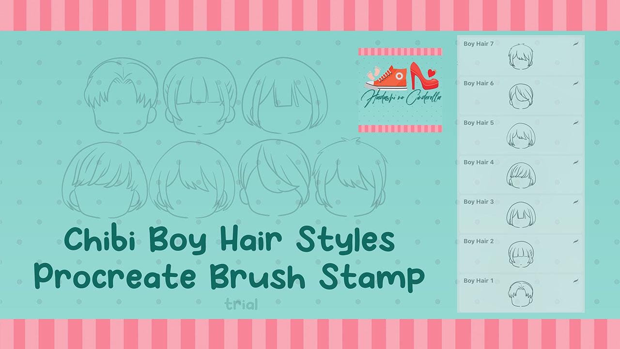 Set de pinceles sello de cabello para chico chibi en Procreate | 35 peinados de manga anime