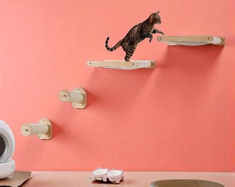 Wall Mounted Cat Shelves with 2 Sisal Jumping Posts and 2 Hammock Beds, Cat Wall Furniture for Climbing and Resting, Holds up to 40 lbs