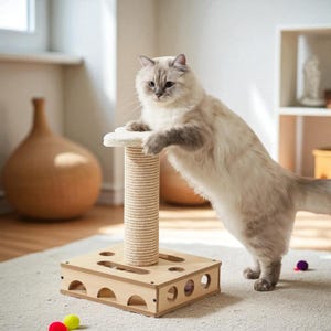 Cat Scratching Post with Rope, Wooden Puzzle Toy Box, Interactive Cat Tower for Indoor Cats and Kittens, Stable & Fun Design