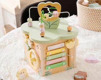 Wooden 9-in-1 Activity Cube - Montessori-Inspired Learning Tool for Fine Motor Skills & Early Childhood Development