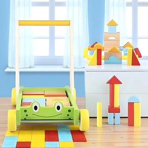 Wooden Baby Learning Walker with Colorful Blocks – Toddler Push Walker for Balance, Coordination, and Early Development Support