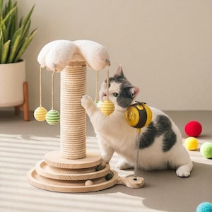 Interactive Cat Scratching Post with Hanging Ball, Rope Pole & Stable Wood Base for Indoor Cats Play, Claw Care