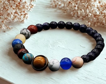 Solar System Bracelet with 9 Planets, Galaxy Universe Blue Sandstone Beads, Space Healing Jewelry Gift for Astronomy Lovers