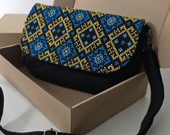 Black Linen Bag with Geometric Embroidery, Handmade Crossbody Bag, Ethnic Boho Chic Purse