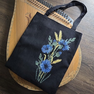 Embroidered Linen Tote Bag – Flower Design, Handmade Bag with Pockets, Black Tote from Ukraine