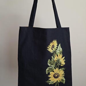 Embroidered Linen Tote Bag – Flower Design, Handmade Bag with Pockets, Black Tote from Ukraine