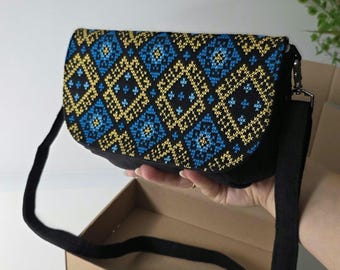 Black Linen Bag with Geometric Embroidery, Handmade Crossbody Bag, Ethnic Boho Chic Purse