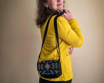 Black Linen Bag with Geometric Embroidery, Handmade Crossbody Bag, Ethnic Boho Chic Purse