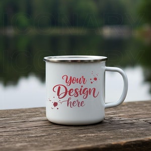 White Enamel Camping Cup Mockups Coffee Cup Mug Mock up Stock Photo Forest Mug Hot chocolate Outdoor Vacation JPG Digital Download