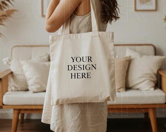 Canvas Tote Bag Mockup, Natural High Quality Lifestyle Shopping Bag Mock-up, Aesthetic Boho Style Model Mock, Blank Tote Bag, Cotton Beige
