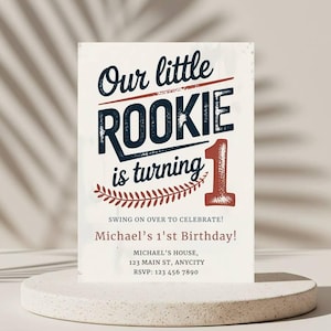 Baseball 1. Geburtstagseinladung, unsere kleine Rookie-Geburtstagsfeier einladen, bearbeitbare Junge Baseball-Geburtstagseinladungsvorlage