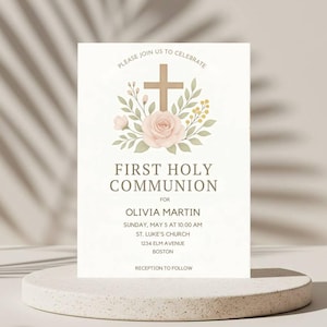 First Holy Communion Invitation for Girl with flowers, 1st Communion invite with Pink Floral Cross, Digital, Printable, Editable, Electronic