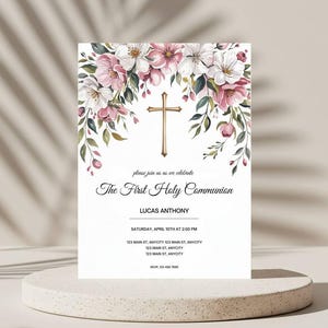 Modèle rose d'Invitation à la communion pour la première communion, invitation à la communion aquarelle rose, invitation à la communion fille, invitation à la première communion modifiable