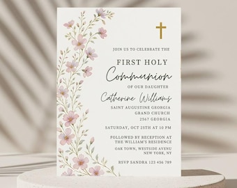 Girls First Communion Invitation Template, Pink Wildflower First Communion, Printable Invite, Instant Download, Editable Invitation