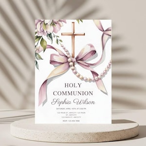Faire-part de communion avec noeud et perles | Modèle de toile modifiable | Carte de cérémonie de baptême imprimable, 5 x 7 pouces, premier noeud de communion modifiable