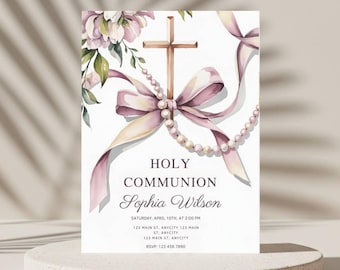 Bow and Pearls Holy Communion Invitation | Editable Canva Template | 5 x 7 Printable Naming Ceremony Card Editable First Holy Communion Bow