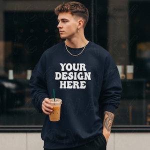Gildan 18000 Navy Mockup, Man Navy Blue Sweatshirt Mockup, Male Sweatshirt Model Mockup, Heavy Blend Crewneck, Outdoors Male Model Mocks