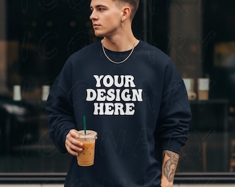 Gildan 18000 Navy Mockup, Man Navy Blue Sweatshirt Mockup, Male Sweatshirt Model Mockup, Heavy Blend Crewneck, Outdoors Male Model Mocks