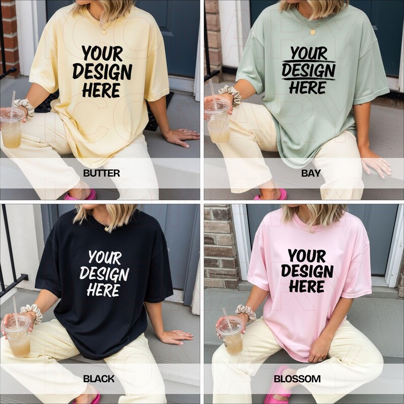 May include: Four oversized t-shirts in butter, bay, black, and blossom colors. Each shirt features the text "YOUR DESIGN HERE" in a bold, black font. The shirts are paired with light-colored pants.