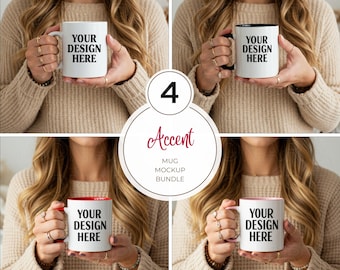 May include: Four different mug mockups featuring a woman holding a white mug with a black rim, a white mug with a red rim, a white mug with a pink rim, and a white mug with a black rim. The text "YOUR DESIGN HERE" is printed on each mug.