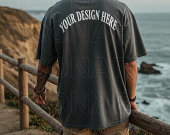 Back of Comfort Colors C1717 Pepper T Shirt Men Model Mock up Tee Mens Mockup, Tattooed Model Mockup Outdoor Mockup Street Man Mockup C1717