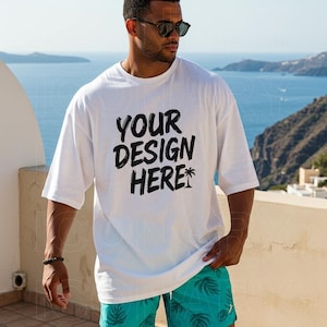 White Man Comfort Colors 1717 TShirt Mockup, C1717 White Shirt Mock-up, White 1717 Male T-Shirt Mockup, Trendy Summer Surfing Man Tee Mockup