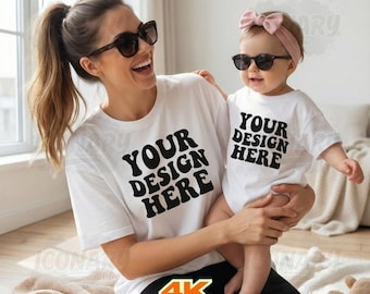 Mommy and me Mockup, Family Tshirt mockup, White shirt Mom girl Kids Family Mockup, White Bella Canvas 3001 T-shirt, Mama and mini Tshirt
