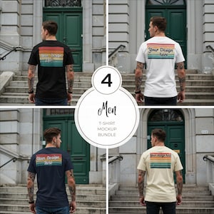 May include: A mockup bundle of four t-shirts in black, white, navy, and beige. Each shirt features a retro design with the text "Your Design here" in a rectangular shape. The image includes the text "4 Men T-Shirt Mockup Bundle".