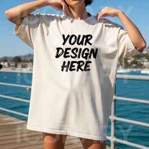 Summer Comfort Colors C1717 Ivory TShirt Mockup, Beach C1717 Ivory Shirt Mock-up, Ivory Tee Mockups, Trendy Woman&#39;s T-Shirt Mockup Aesthetic