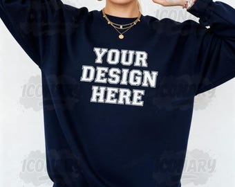 Gildan 18000 Mockup Navy Front Model Gildan 18000 Crewneck Mockup Navy Front Mockup Sweatshirt Mockup Navy 18000 Model Navy Sweatshirt 18000