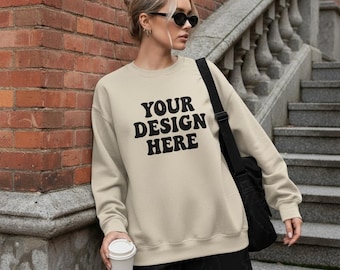 Gildan 18000 Sand Sweatshirt Mockup, Sweater Mockup, Crewneck Mockup, Neutral Sand Hoodie Mock, Gildan 18000 Sand Tee Casual Sand Sweatshirt