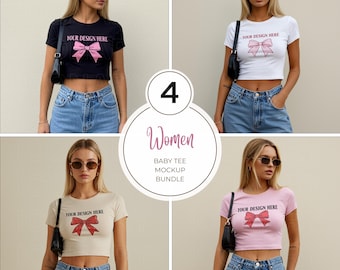May include: Four women's cropped t-shirts with short sleeves and a pink bow design. The text "YOUR DESIGN HERE" is printed on each shirt. The shirts are shown on models wearing blue jeans.