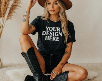 Black Gildan 5000 Shirt Mock Up, Coastal Cowgirl Mockups, Cowgirl Boots, Bestseller Mock Up, Graphic Tee Mockup, Western Aesthetic Mockup