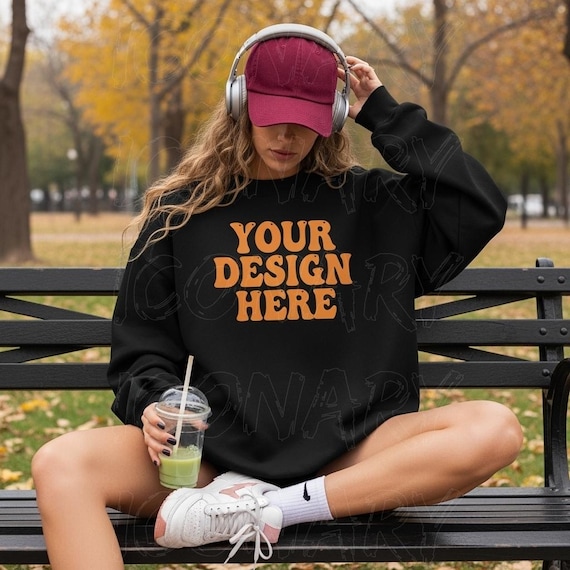 Gildan Black 18000 Fall Mockup Gildan Black Sweater Halloween Mock up G180 Fall Halloween Mockup Oversized Sweatshirt Model Mockup Outdoor