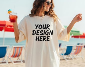 Ivory Comfort Colors 1717 Mockup, Ivory 1717 Mockups, Model Mockup, 1717 Mockup, Model Beach Mockup Comfort Colors Ivory Summer Beach Mockup