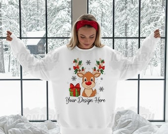 Gildan 18000 White Sweatshirt Mockup G180 White Crewneck Mock-up Trendy Model Mock Cozy Trendy Boho Christmas Morning Aesthetic Sweater