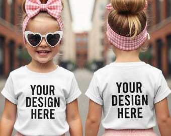 Kids White TShirt Mockup Front and Back Sides Kids Bella Canvas 3001t Mockup Toddler Girl Model Shirt Mockup Children Outdoor Mockup Summer