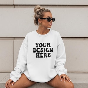 Gildan Christmas g180 Mockup | Gildan 18000 White Oversized Sweatshirt Mockup | Gildan Outdoor Cozy Sweatshirt Mockup Trendy Mockup 18000