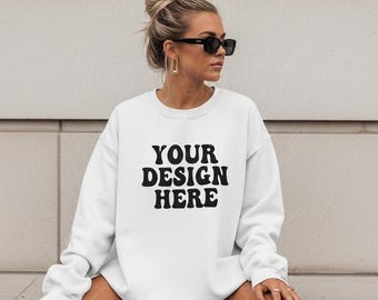 Gildan Christmas g180 Mockup | Gildan 18000 White Oversized Sweatshirt Mockup | Gildan Outdoor Cozy Sweatshirt Mockup Trendy Mockup 18000