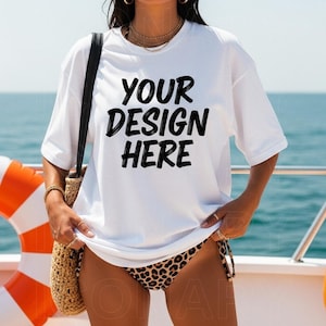 Maqueta de camisa blanca Comfort Colors C1717, maqueta de playa de verano, maqueta de camiseta blanca CC1717, maqueta de camiseta estampada, maqueta de camisa blanca, leopardo