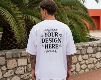 ホワイト Comfort Colors 1717 モックアップ メンズ バック T シャツ モックアップ タトゥーのある男性モデル モック C1717 ホワイト モックアップ Comfort Colors バック ホワイト モックアップ ストリート