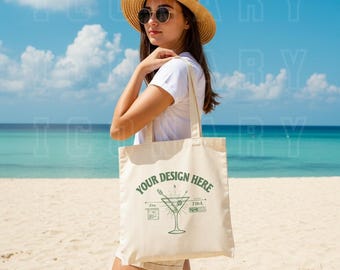 Mockup strandtas | Nep draagtas van natuurlijk canvas | Lifestyle-draagtas mock | Model draagtas | Model canvas draagtas | POD-mockup