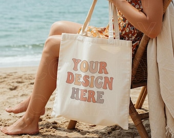 Mockup strandtas | Nep draagtas van natuurlijk canvas | Lifestyle draagtas mock | Model draagtas | Model canvas draagtas | POD-mockup
