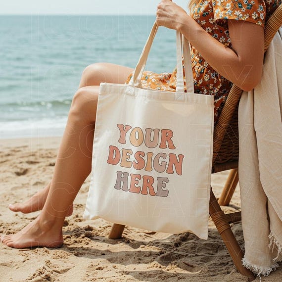 Tote Bag Beach Mockup | Natural Canvas Tote Bag Mock | Lifestyle Tote Bag Mock | Model Tote Bag | Canvas Tote Bag Model | POD Mockup