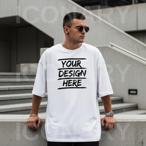White Comfort Colors 1717 Unisex Tshirt mockup, mens fashion White oversized t-shirt mock up, man model, Street Cool Manly Tattoo mockup